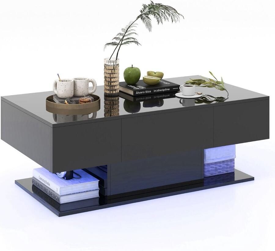 Costway SureDeal Salontafel Led Lampen Huiskamer 2 Laden Bureau Zwart 110x60x40 cm Bijzettafel Consoletafel