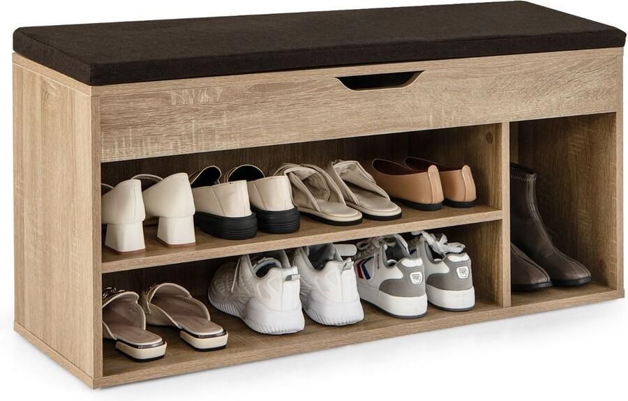 Costway SureDeal Schoenenkast Schoenenrek Bankje Garderobe Hout Zwart 104x30x48 cm Gang Slaapkamer Halmeubel