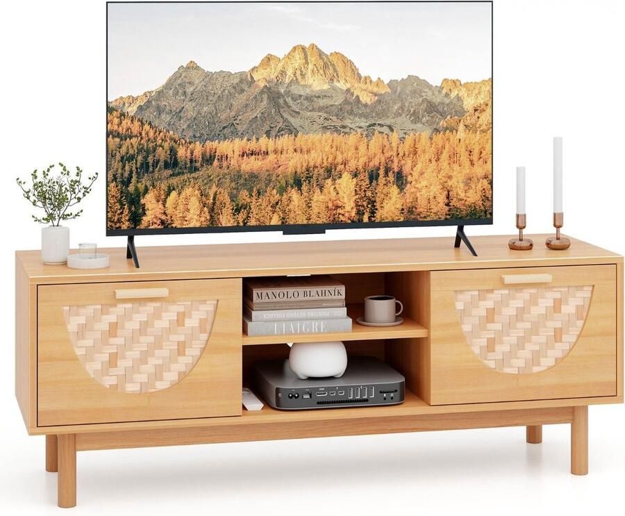 Costway SureDeal TV Meubel Bamboo Salontafel 120x35x45 5 cm Televisie 55 inch Opbergkast Woonkamer Slaapkamer Bijzettafel Kast Tafel