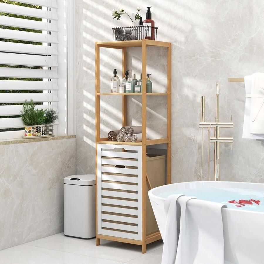 Costway SureDeal Wasmand Badkamerkast Deksel 4 Lagen Bamboo 36x33x130 cm Was Organizer Badkamer Kast
