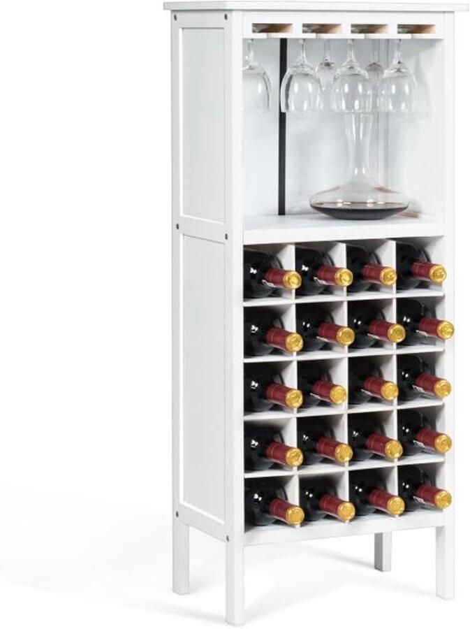 Costway SureDeal Wijnkast 20 Flessen MDF -Dennenhout 42x24 -5x96 cm Met Glashanger -Opbergruimte Wit Zwart Wijnrood
