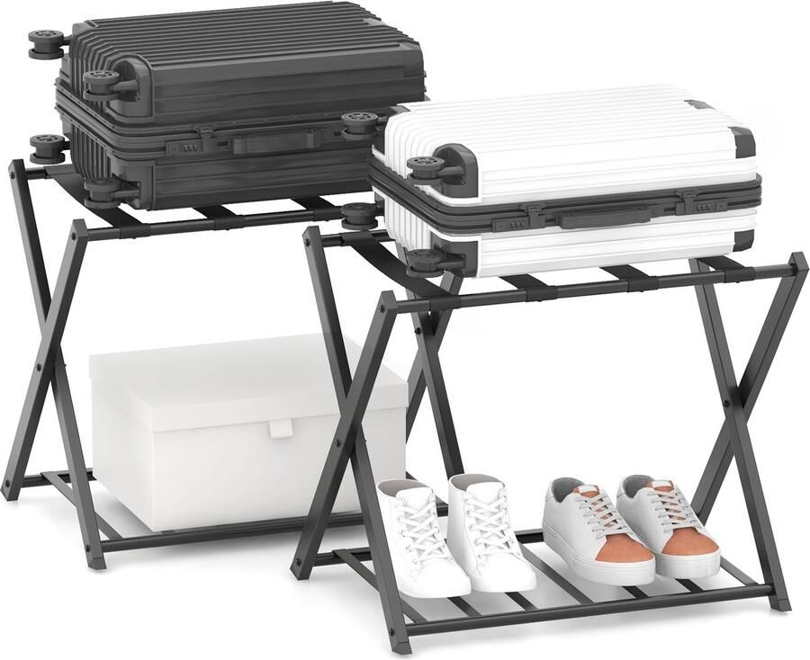Costway Thuis bagagerek standaard set van 2 dubbel laagse bagagehouder met schoenplank opvouwbare bagagerek houder compacte opvouwbare bagagerek houder metalen koffer-bagagerek standaard voor slaapkamer gastenkamer hotel