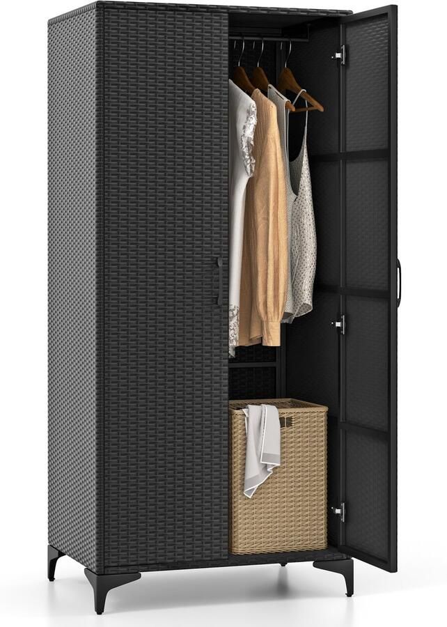 Costway Tuinkast rotan kledingkast opbergkast voor buiten met hangstang en 2 deuren weerbestendige terraskast gereedschapskast voor tuin slaapkamer 72 x 50 x 157 cm