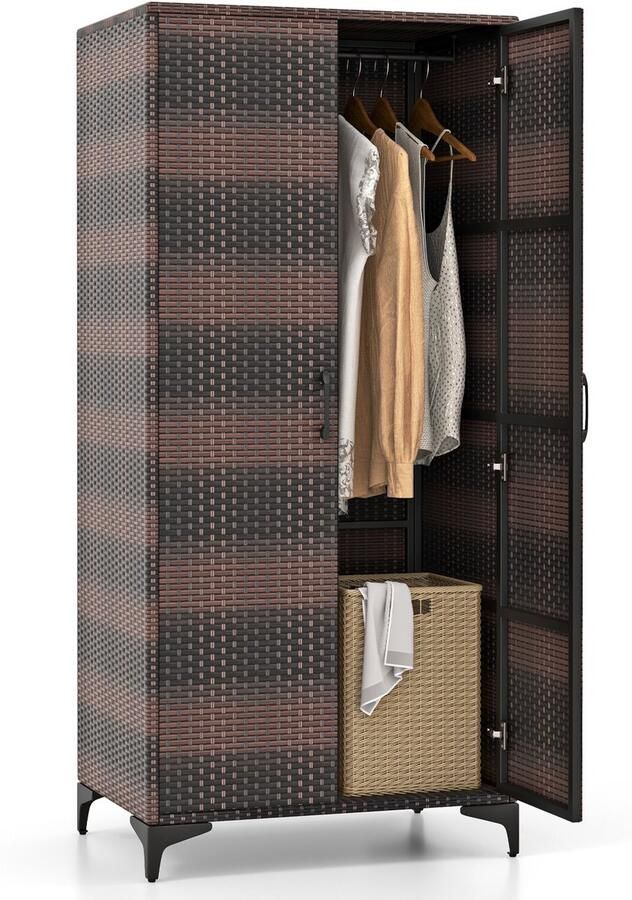 Costway Tuinkast rotan opbergkast voor buiten met hangstang en 2 deuren weerbestendige terraskast rotankast gereedschapskast voor tuin slaapkamer 72 x 50 x 157 cm (bruin)