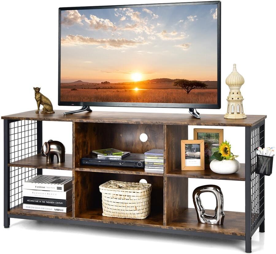 Costway TV-kast lowboard met open vakken en opbergmand tv-rek voor televisie tot 65 inch televisiekast voor woonkamer slaapkamer industrieel design 140 x 40 x 63 cm