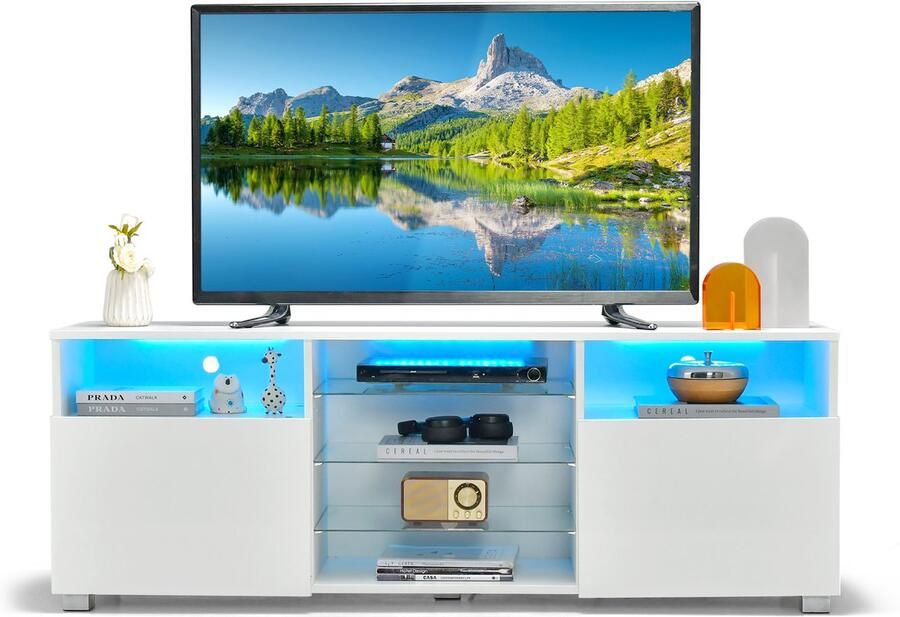 Costway TV-kast met ledverlichting instelbare kleuren tv-tafel met 2 deuren en verstelbare glazen planken tv-lowboard voor televisies tot 65 inch televisiekast 146 x 35 x 53 cm