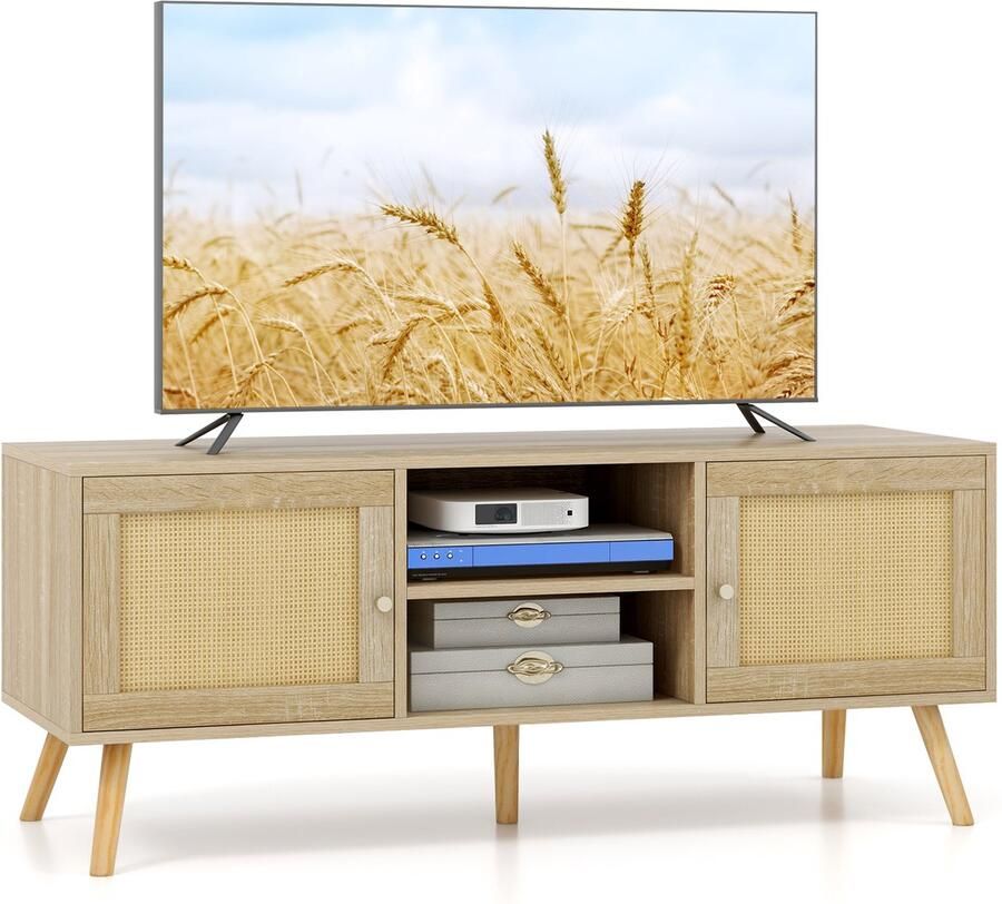 Costway Tv-kast rotan lowboard met 2 deuren en open vakken televisietafel voor tv's tot 55 inch tv-kast tv-plank voor woonkamer 120 x 40 x 48 5 cm