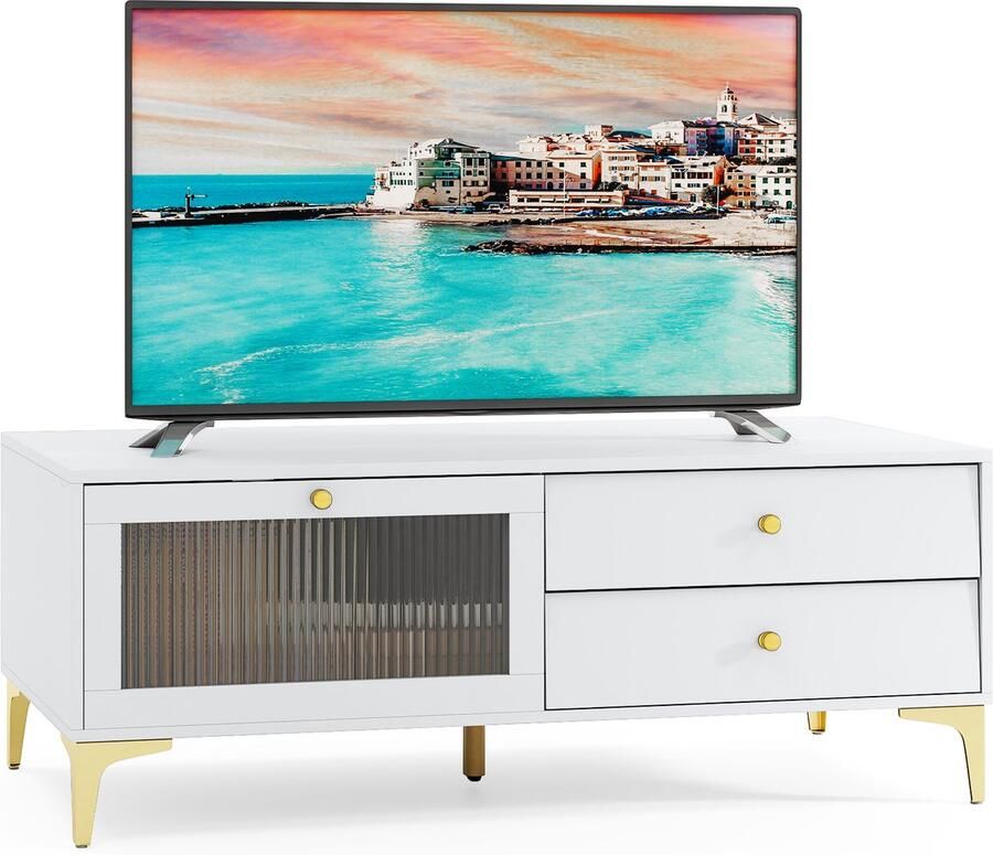 Costway Tv-kast televisietafel met 2 laden opklapbare deur van gehard glas en metalen poten televisiekast voor tv's tot 55 inch lowboard tv-rek voor woonkamer wit
