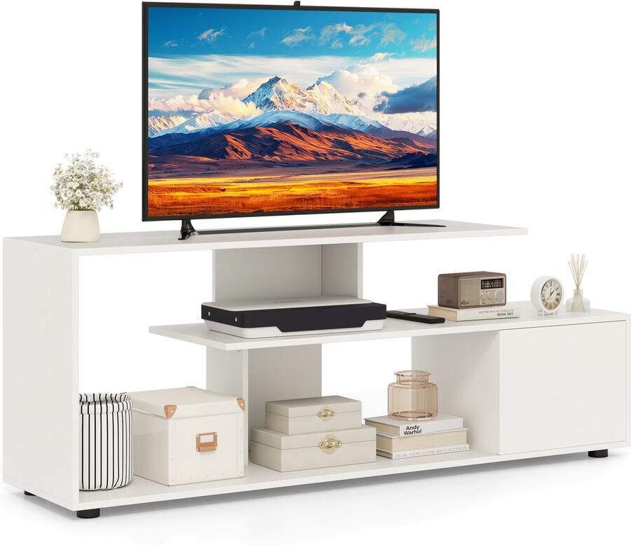 Costway TV-kast televisietafel voor tv's tot 55 inch asymmetrische tv-meubel met legplanken en kast lowboard tv-rek voor woonkamer (wit)