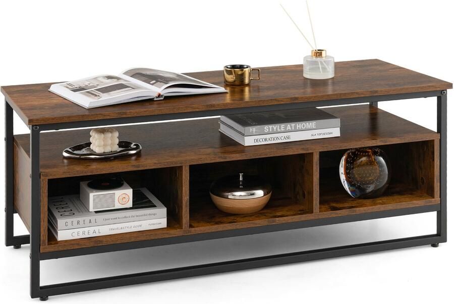 Costway TV-standaard stalen frame met houten plaat en open planken tv-kast salontafel rechthoekig televisiekast mediaconsole voor woonkamer 110 x 42 5 x 45 cm