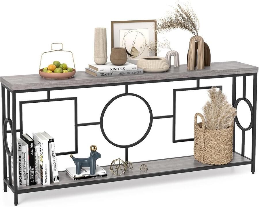 Costway Vintage consoletafel 180 cm haltafel met 2 niveaus banktafel smal met metalen frame entreetafel hout bijzettafel voor woonkamer kantoor en entrée