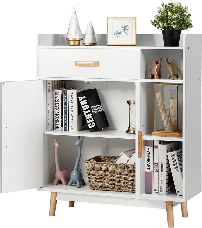 Costway Vloer opslagkast vrijstaande kast met 1 lade 2 deuren 3 planken & 4 rubberhouten poten dressoir organisator voor de slaapkamer thuis kantoor