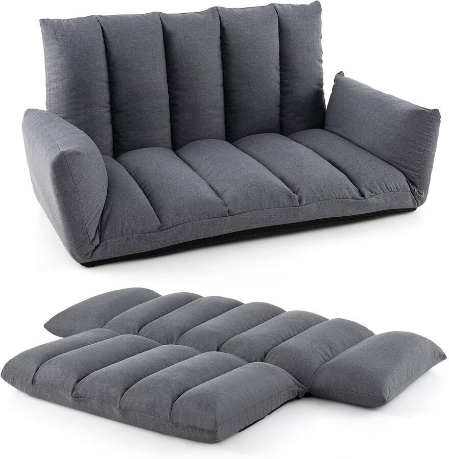 Costway Vloerbank met 5-voudig verstelbare rugleuning en armleuningen bondenstoel inklapbaar vloerstoel met gevoerde zitting relaxstoel voor woonkamer grijs