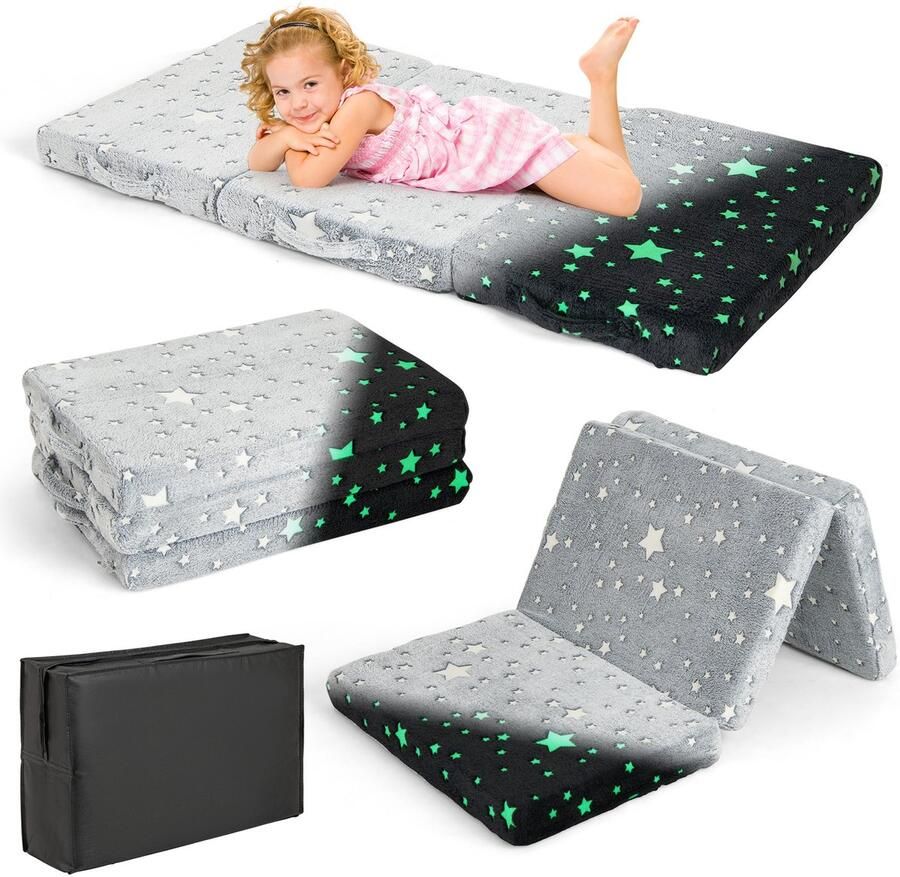 Costway Vouwmatras lichtgevende reismatras 60 x 120 cm matras voor reisbed 3-delige vouwmatras voor kinderen babymatras reismatras wasbaar inclusief draagtas