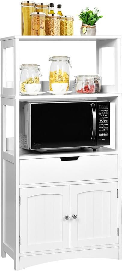 Costway Vrijstaande badkamerkast hoge kast voor badkamer met 2 deuren en 3 open planken en lade moderne multifunctionele kast keukenkast voor badkamer keuken woonkamer (wit)