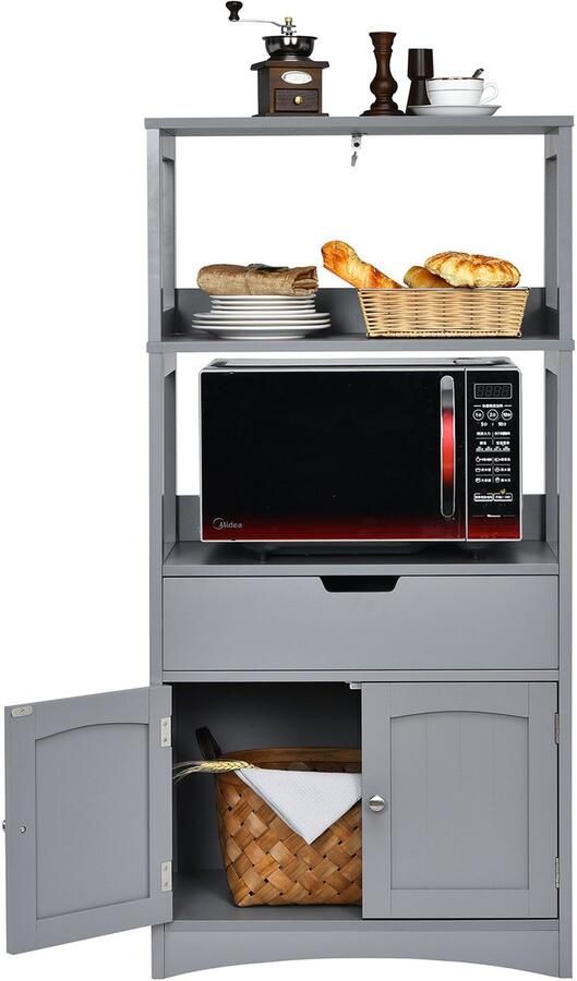 Costway Vrijstaande badkamerkast hoge kast voor badkamer met 2 deuren en 3 open planken en laden moderne multifunctionele kast keukenkast voor badkamer keuken woonkamer (grijs)