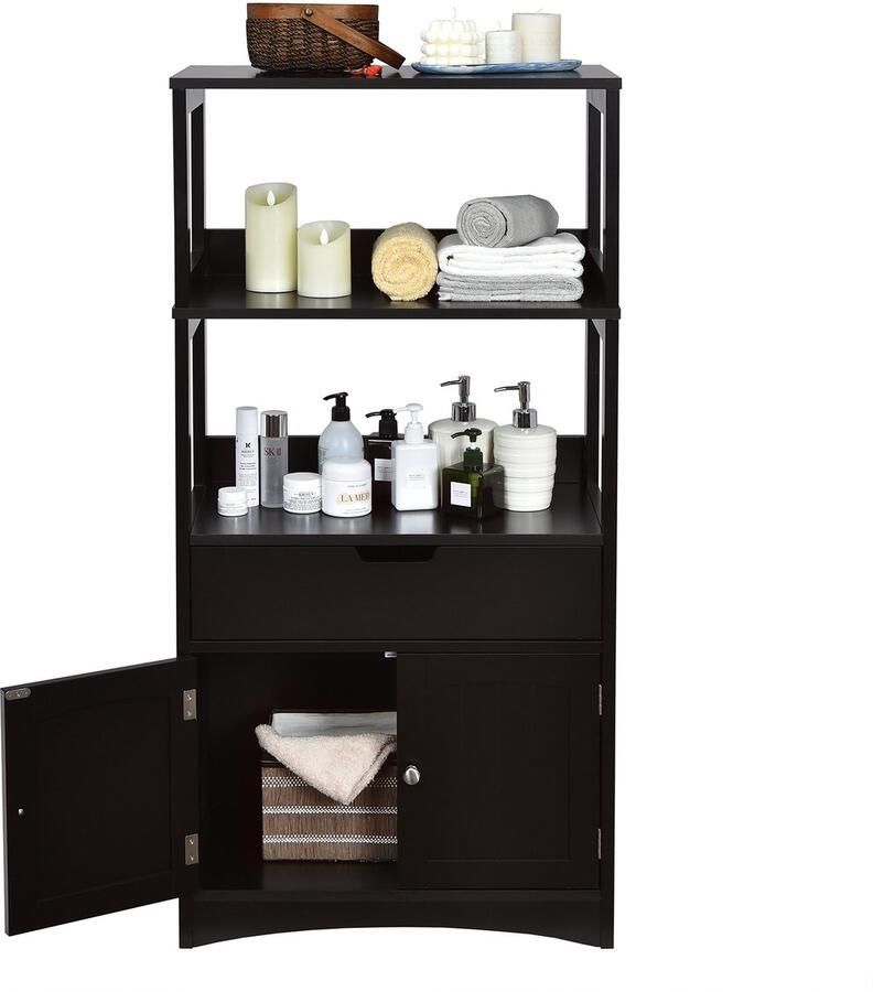 Costway Vrijstaande badkamerkast hoge kast voor badkamer met 2 deuren en 3 open planken en laden moderne multifunctionele keukenkast voor badkamer keuken woonkamer (zwart)