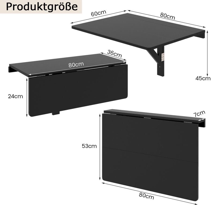 Costway Wandgemonteerde klaptafel 80 cm x 60 cm inklapbare wandtafel van grenenhouten poten ruimtebesparende wandklaptafel voor keuken slaapkamer eetkamer werkkamer tot 40 kg belastbaar (zwart)