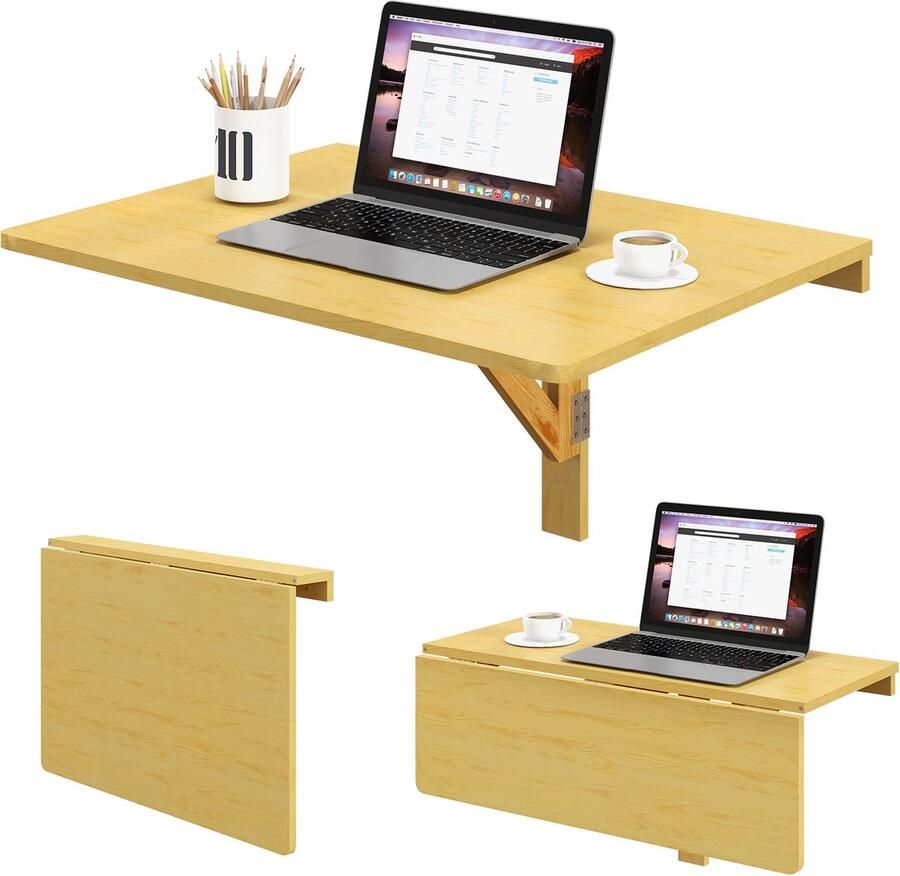 Costway Wandgemonteerde klaptafel 80 x 60 cm inklapbare wandtafel ruimtebesparende keukentafel wandklaptafel voor keuken eetkamer werkkamer (natuur)