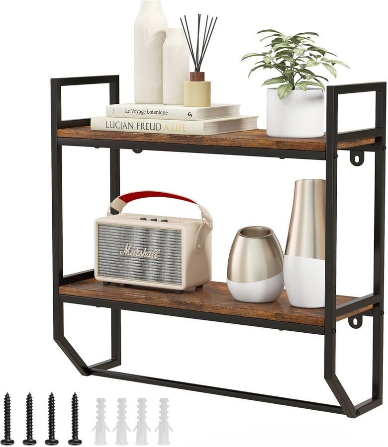 Costway Wandrek boekenkast zwevend rek van hout met metalen frame 2 niveaus ideaal voor woonkamer keuken en badkamer industrieel