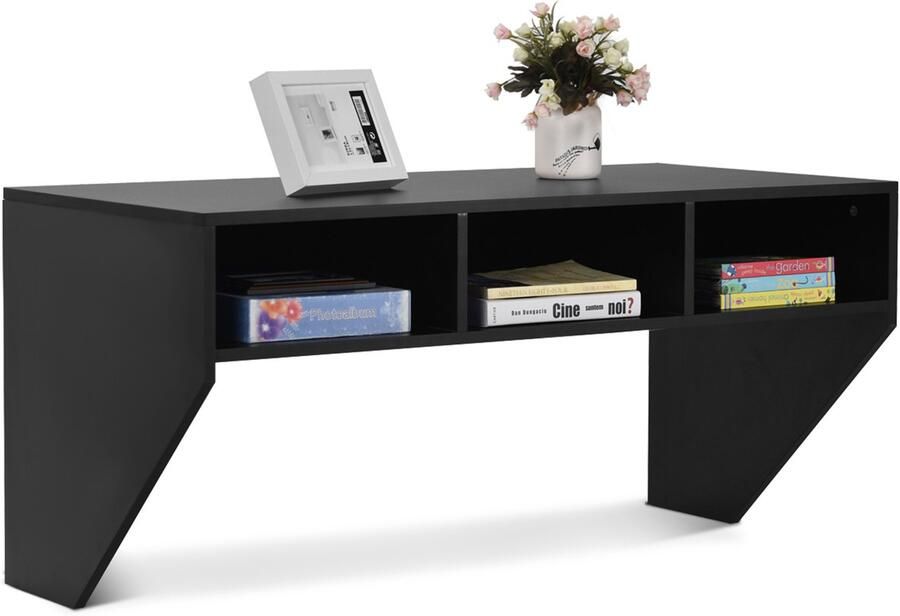 Costway Wandtafel van hout wandmonteerbare computertafel met 3 legplanken wandbureau laptop bureau eettafel wandkast voor keuken woonkamer kantoor (zwart)