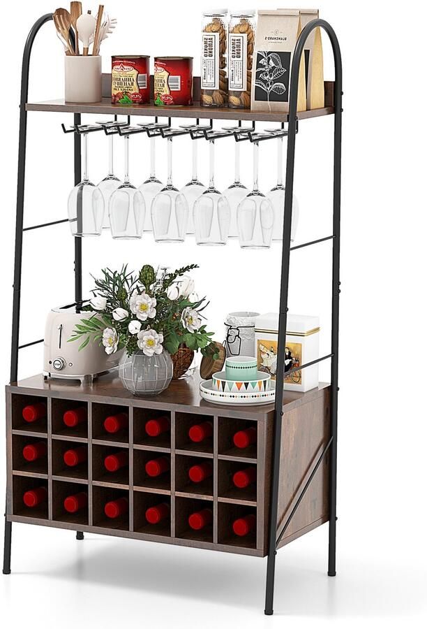 Costway Wijnrek flessenrek voor 18 flessen wijnstandaard met 5 wijnglashouders en 2 planken 110 cm wijnhouder vrijstaand wijnflessenrek voor keuken kelder bar rustiek bruin 63 x 32 x 114 5 cm