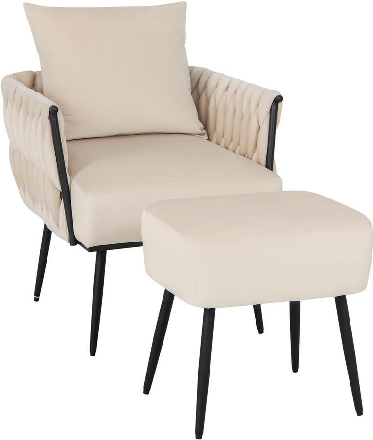 Costway Wijsenstoel met kruk stoel met zacht kussen gevlochten rugleuning armleuningen en metalen poten leesstoel televisiestoel relaxstoel voor woonkamer slaapkamer 58 cm zitdiepte