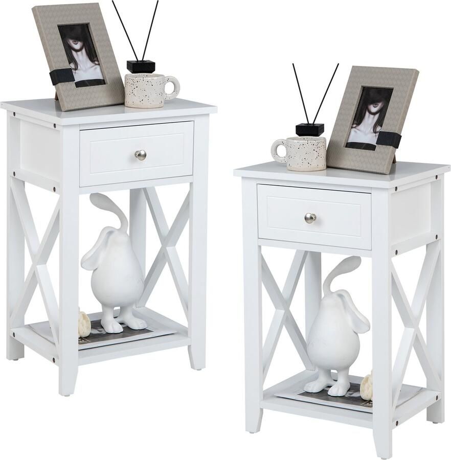 Costway X-vormige bijzettafel set van 2 modern nachtkastje met lade en onderste opbergvak veelzijdige bijzettafel voor woonkamer slaapkamer hal eenvoudige montage (2 wit)