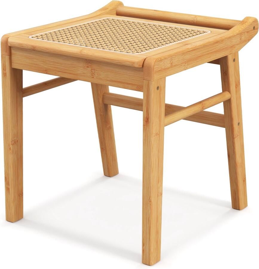 Costway Zitkruk make-upkruk van bamboe kruk voor make-uptafel tot 120 kg belastbaar kleine cosmeticakruk met rotan oppervlak voor kleedkamer woonkamer slaapkamer natuur