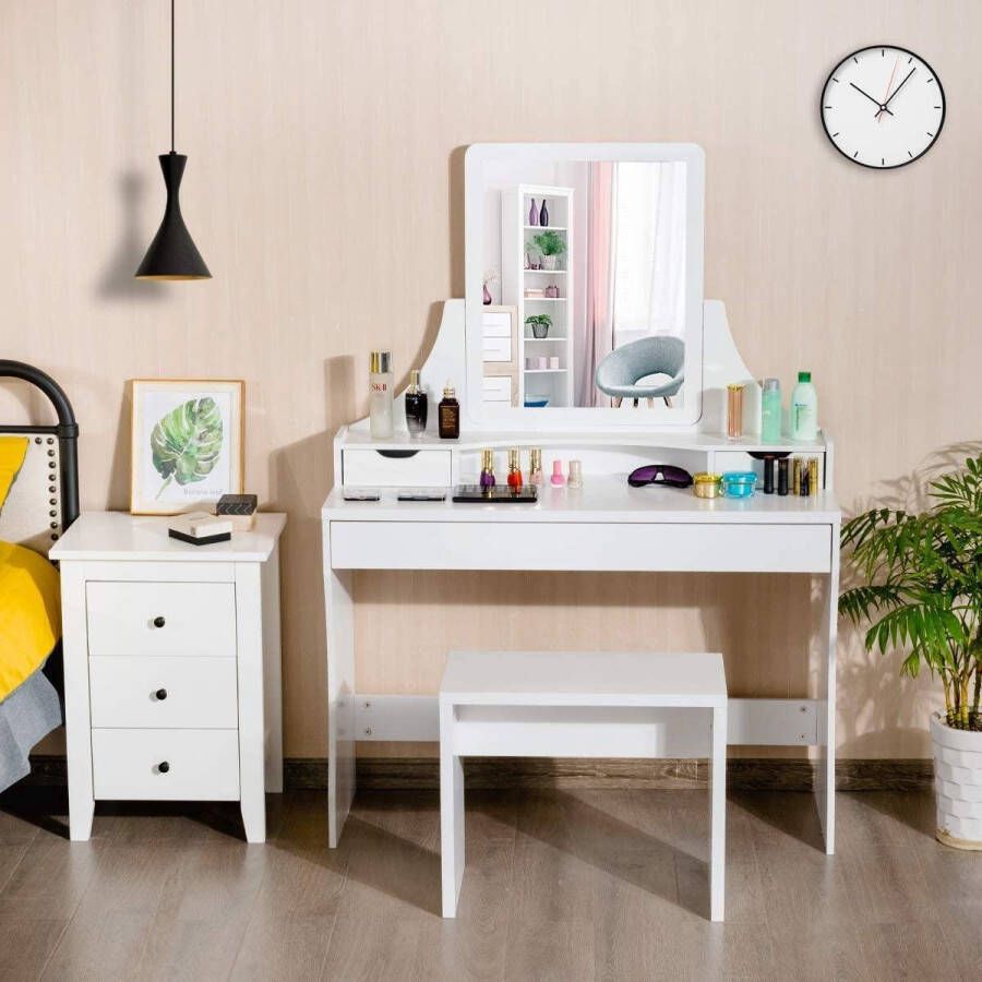 Costway Kaptafel make-up tafel met spiegel en kruk houten kaptafel met 3 laden