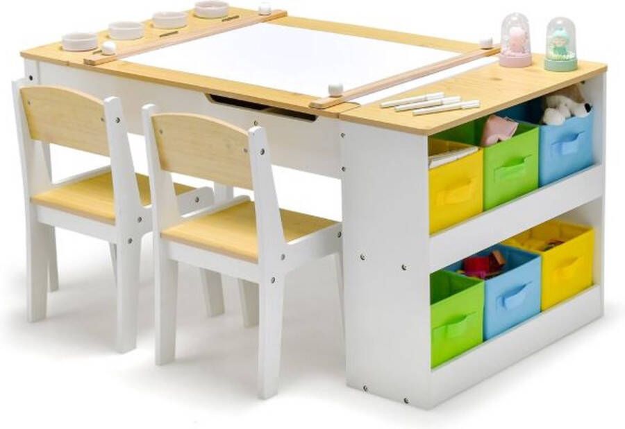 Costway Kindertafel met 2 Stoelen 3-In-1 Knutseltafel Activiteitentafel en Kinderezel met 6 Opbergdozen en Papierrol Kinderzitset voor Kinderkamer