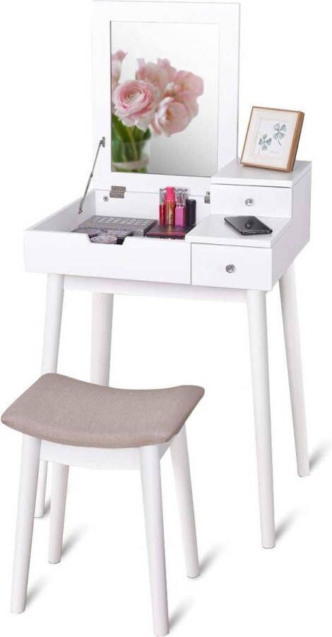 Costway Monkey's Kaptafel Klapspiegel – Make up Tafel Voor Vrouwen Met Kruk Bruin Witte Kaptafel Met Klapspiegel Kaptafels 60 x 50 x 75 cm