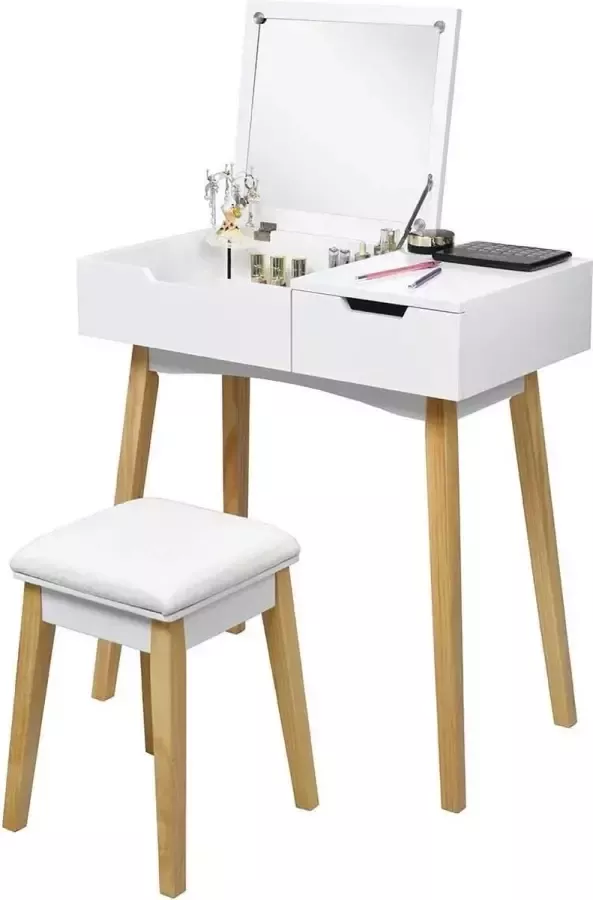 Costway Monkey's Kaptafel – Make up Tafel Voor Vrouwen Met Kruk Wit Beige Witte Kaptafel Met Spiegel Kaptafels 88 x 40 x 73 5 cm