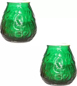 Cosy&Trendy 2x Groene mini lowboy tafelkaarsen 7 cm 17 branduren Kaars in glazen houder Horeca tafel bistro kaarsen Tafeldecoratie Tuinkaarsen