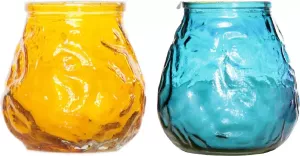 Cosy&Trendy Lowboy tafel kaarsen setje van 4x stuks 7 cm in blauw geel Buiten en binnen