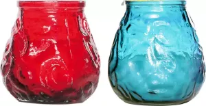 Cosy&Trendy Lowboy tafel kaarsen setje van 4x stuks 7 cm in blauw rood Buiten en binnen