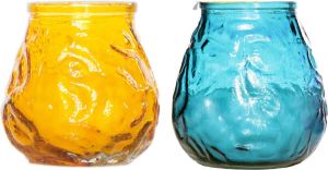 Cosy&Trendy Lowboy tafel kaarsen setje van 6x stuks 7 cm in blauw geel Buiten en binnen