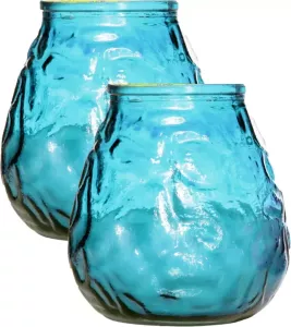 Cosy&Trendy Set van 2x stuks blauwe Lowboy buiten tuin tafel sfeer kaarsen 10 cm 40 branduren in glas Tuinkaarsen