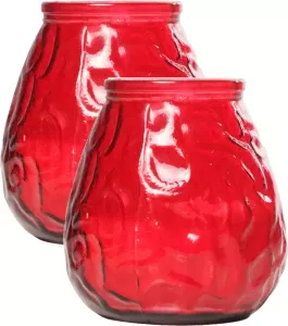 Cosy&Trendy Set van 2x stuks rode Lowboy buiten tafel sfeer kaarsen 10 cm 40 branduren in glas Tuinkaarsen