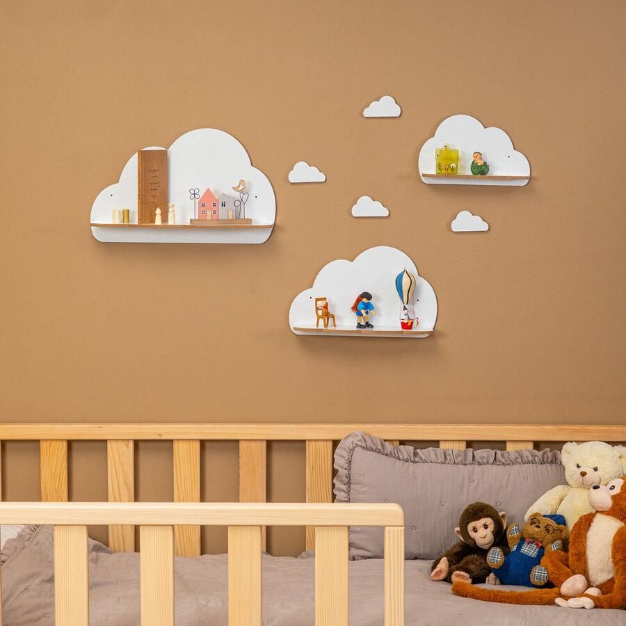 Cozy Collections 3-delige Wolken Wandplank Set – Kinderkamer Boekenplank & Speelgoedrek – Houten Wandrek – Modern & Decoratief