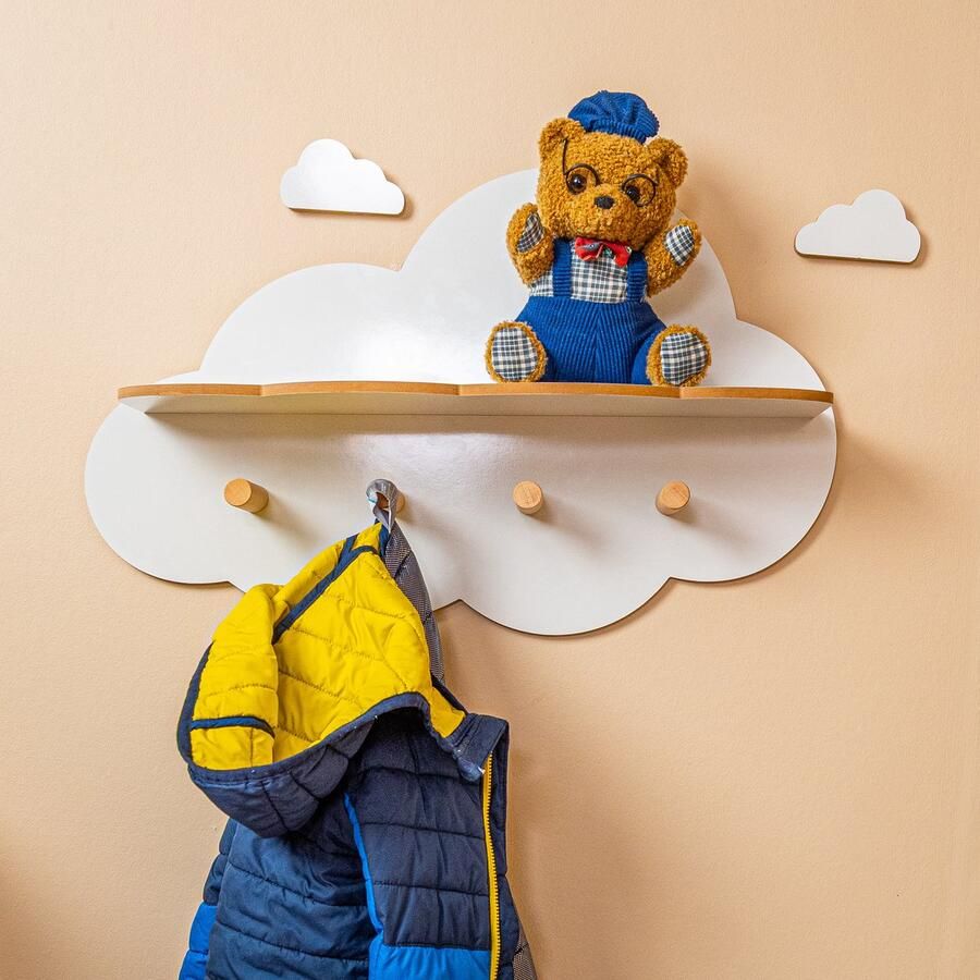 Cozy Collections Wandplank Wolk Kinderkamer – Montessori Boekenplank met Haakjes – Houten Kapstok voor Jassen & Tassen