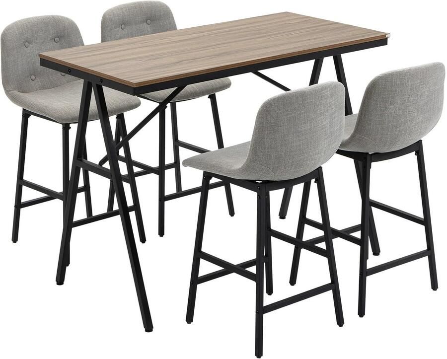 Cozy Cottage Bartafel met Barkrukken – 5-delige Eetset – Barstoelen met Tafel Keukentafel – Complete Bartafelset – Moderne Eettafel met Stoelen Grijs