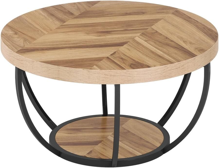 Cozy Cottage Industriële Ronde Salontafel 2-Laags Opbergplanken Moderne Houten Bijzettafel voor Woonkamer Tafel Rond 80 x 44 cm (LxH)