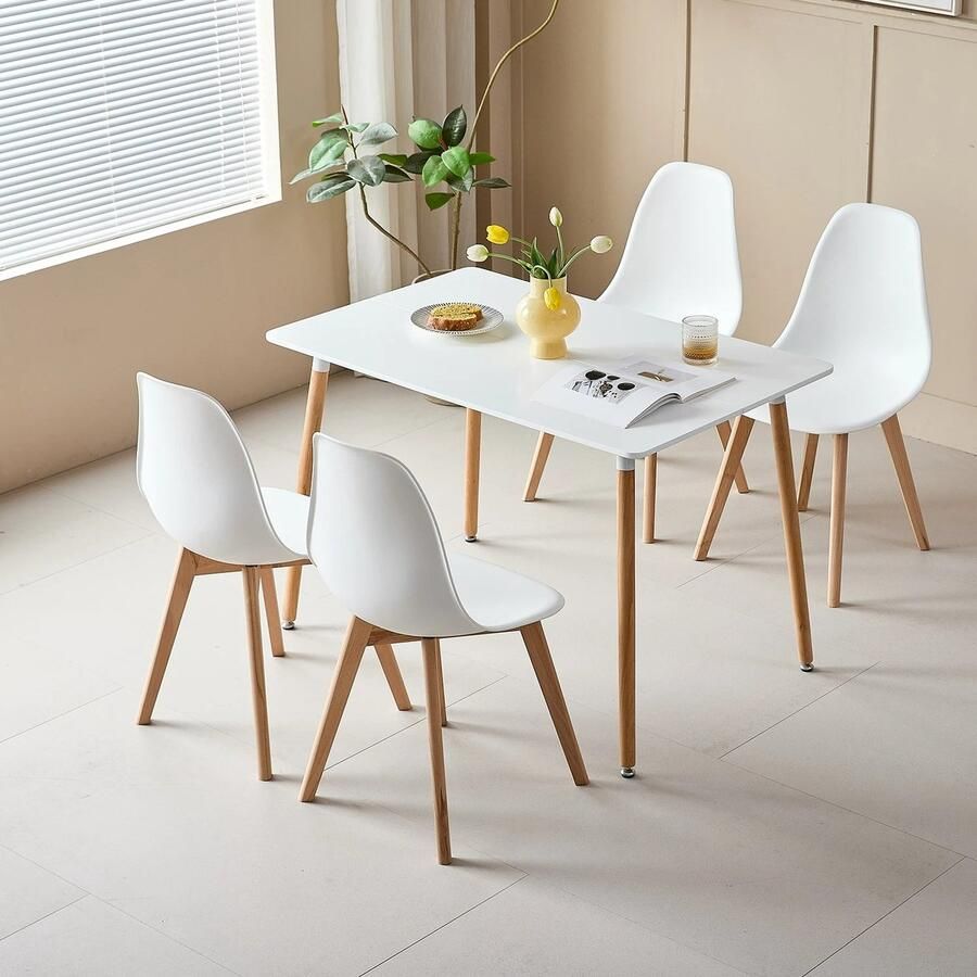 Cozy Cottage Rechthoekige Eettafelset – Inclusief 4 Eetkamerstoelen – Scandinavische Stijl – Houten Poten – Tafel en Stoelen Voor Woonkamer Eetkamer & Keuken – Wit