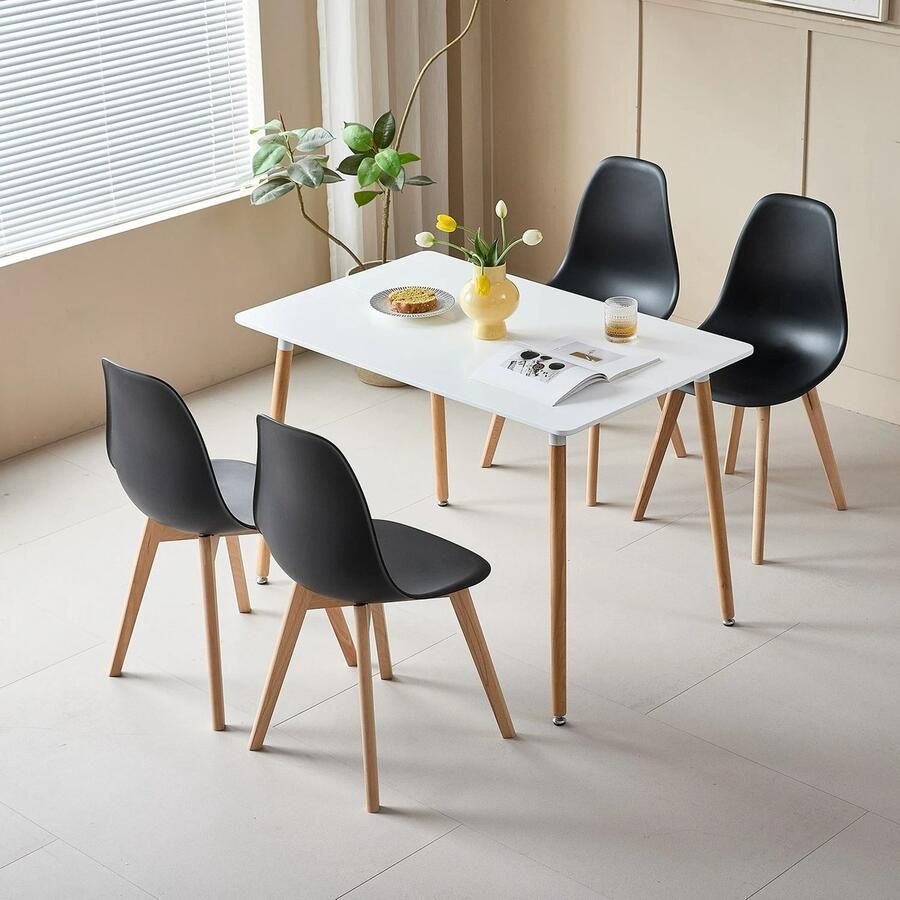 Cozy Cottage Rechthoekige Eettafelset – Inclusief 4 Eetkamerstoelen – Scandinavische Stijl – Houten Poten – Tafel en Stoelen Voor Woonkamer Eetkamer & Keuken – Zwart