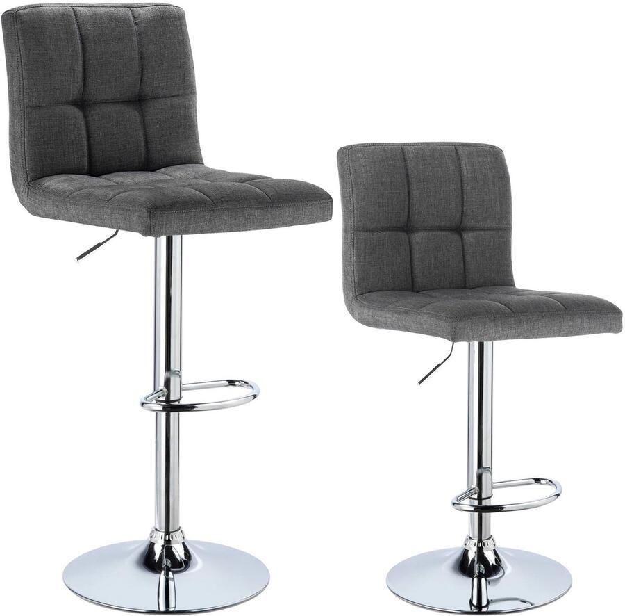 Cozy Cottage Set van 2 Linnen Barkrukken – In Hoogte Verstelbare Barstoelen met Rugleuning – Chroom Stalen Frame Gewatteerde Zitting – Hoge Krukken voor Keuken Bar Bistro & Eetkamer Stoelen Donkergrijs