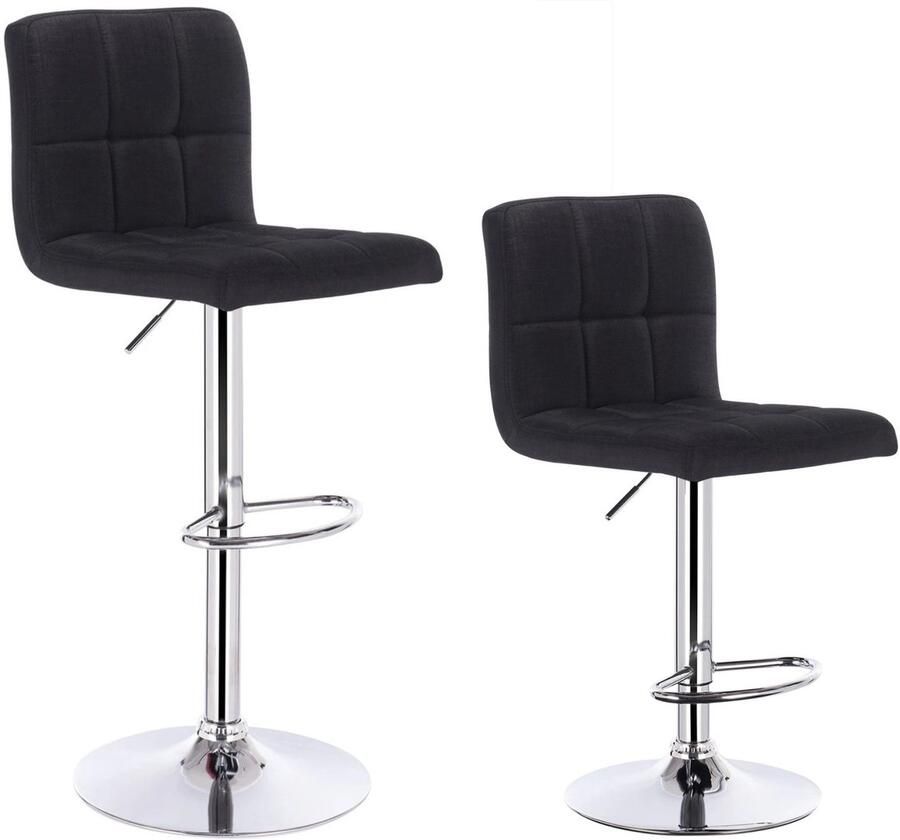 Cozy Cottage Set van 2 Linnen Barkrukken – In Hoogte Verstelbare Barstoelen met Rugleuning – Chroom Stalen Frame Gewatteerde Zitting – Hoge Krukken voor Keuken Bar Bistro & Eetkamer Stoelen Zwart