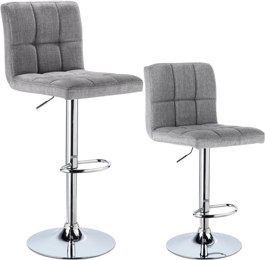 Cozy Cottage Set van 2 Linnen Barkrukken – In Hoogte Verstelbare Barstoelen met Rugleuning – Chroom Stalen Frame Gewatteerde Zitting – Hoge Krukken voor Keuken Bar Bistro & Eetkamer Stoelen Lichtgrijs
