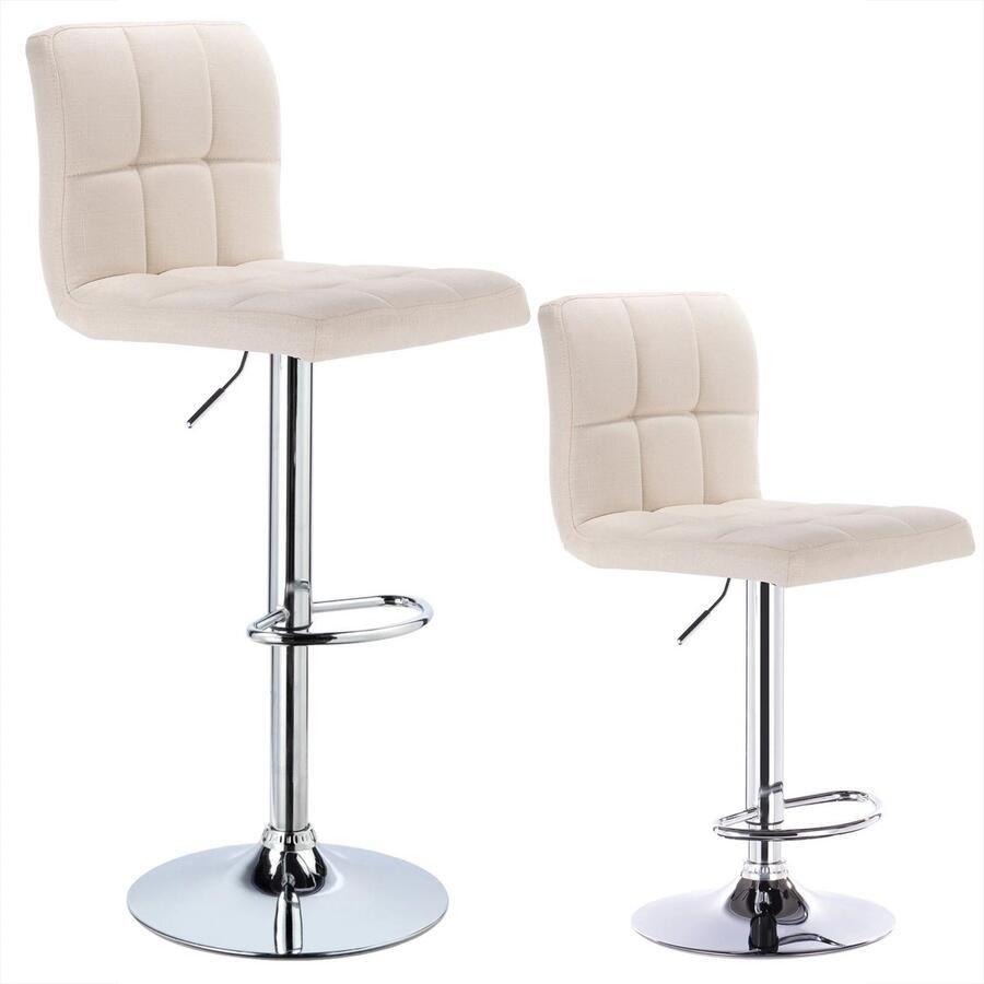 Cozy Cottage Set van 2 Linnen Barkrukken – In Hoogte Verstelbare Barstoelen met Rugleuning – Chroom Stalen Frame Gewatteerde Zitting – Hoge Krukken voor Keuken Bar Bistro & Eetkamer Stoelen Crème Wit