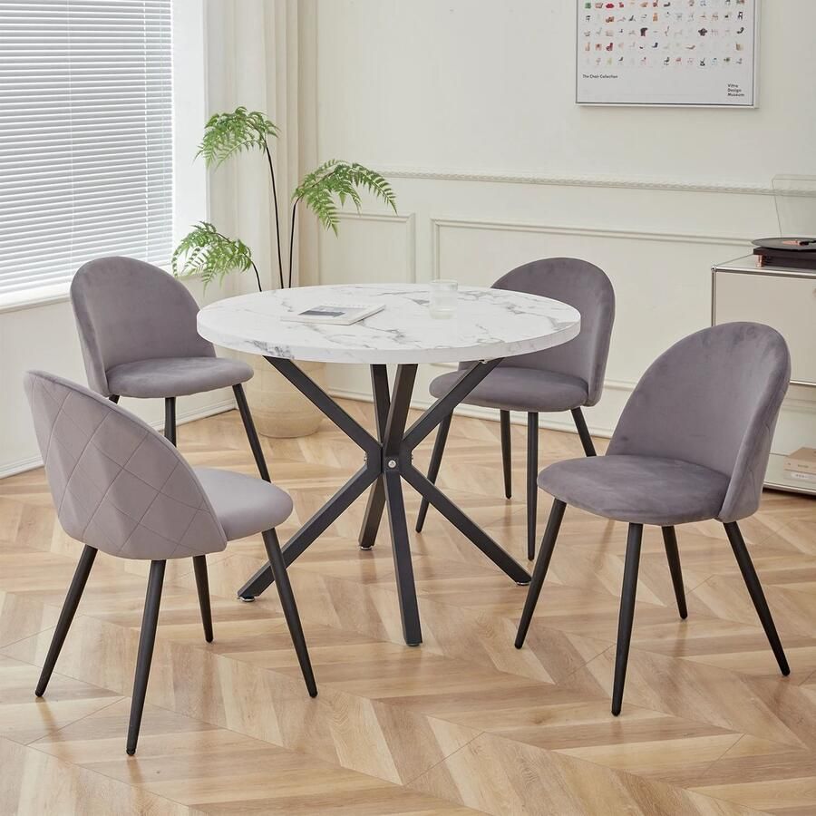 Eleganza Maison Set van 4 Fluwelen Eetkamerstoelen Gestoffeerde Stoelen voor Woonkamer en Keuken Vintage Nordic Design met Zwart Metalen Poten Comfortabele Rugleuning Koffiestoelen Grijs